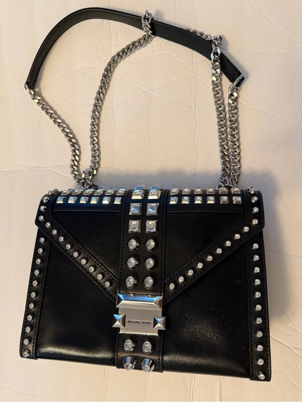 Michael Kors Whitney Black Studded Chain Shoulder Bag/ shorten chain to clutch.